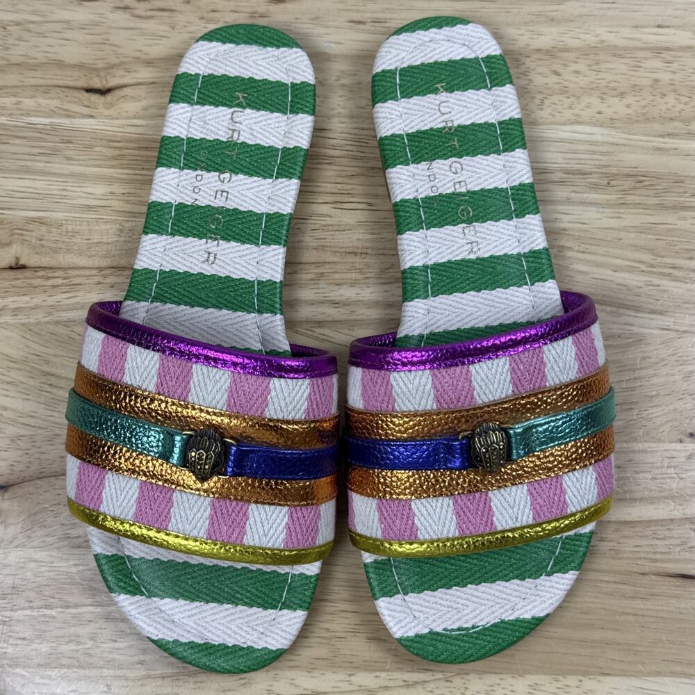 Kurt Geiger London Women's Southbank Fabric Stripe Flat Sandals Green Comb Sz 6 - Picture 9 of 12